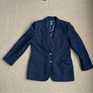Lauren Ralph Lauren Navy white Windowpane Plaid Wool Oversized Blazer SZ 10